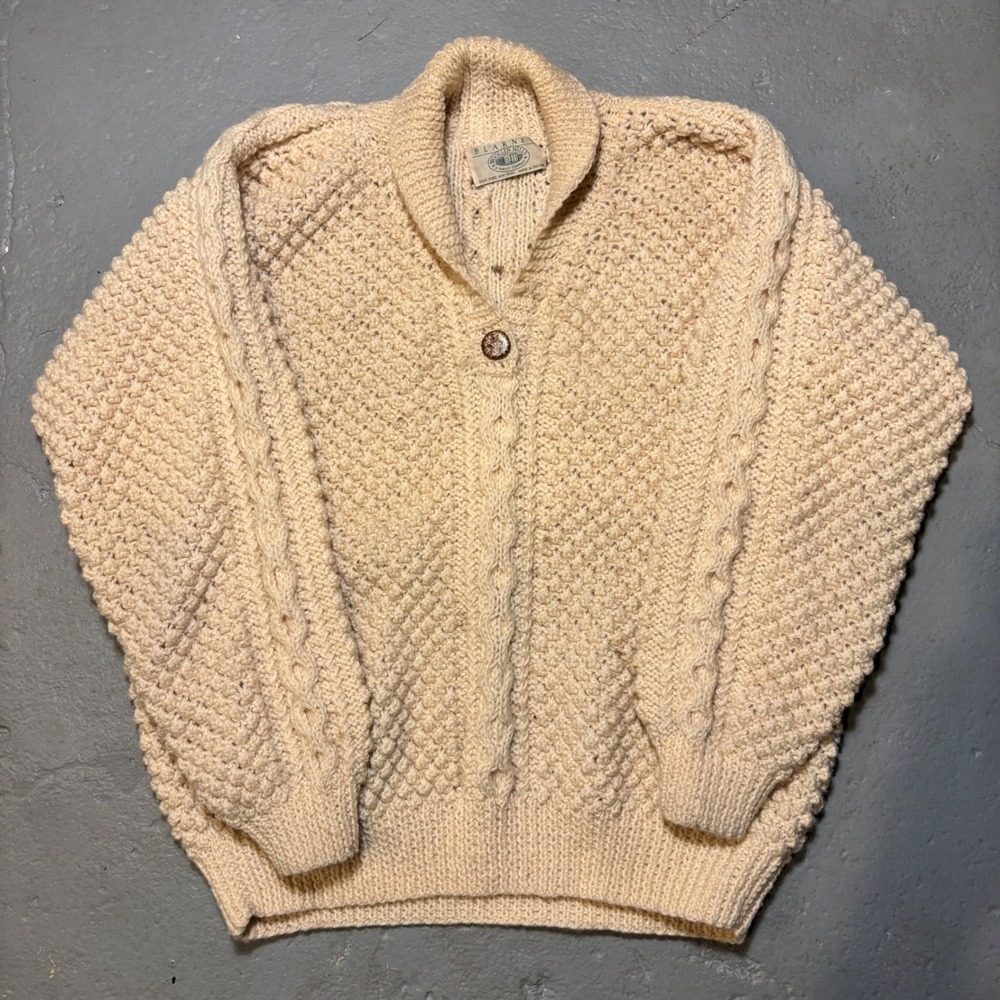 Blarney Woollen Mills Cardigan Mens L Cream Irish Wool Cable Knit Sweater